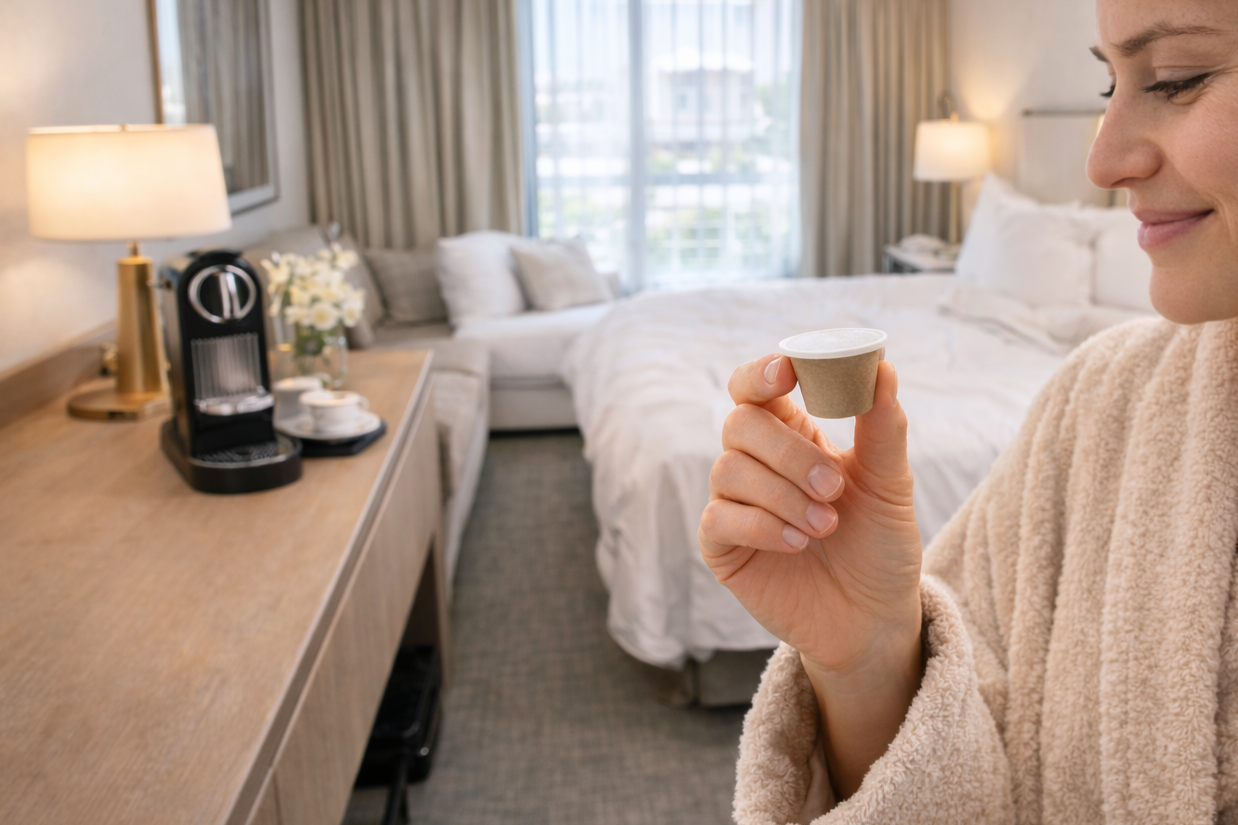 Woman holding an Fzin Coffee Aromatico biobased and home compostable coffee capsule  in a hotel room.