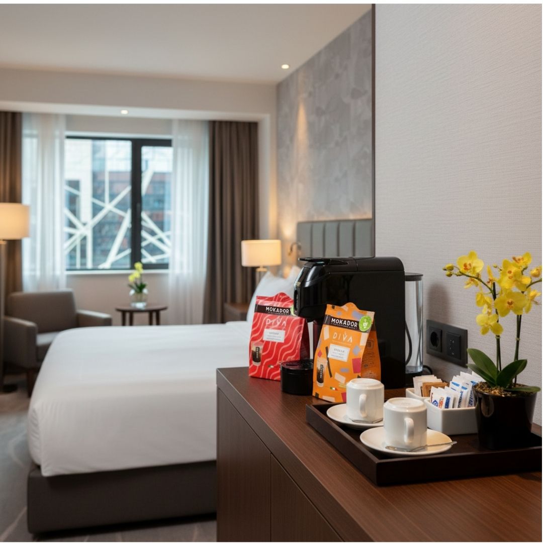 Room with a bed, coffee maker, and Fzin compostable coffee pod packages on a dresser.