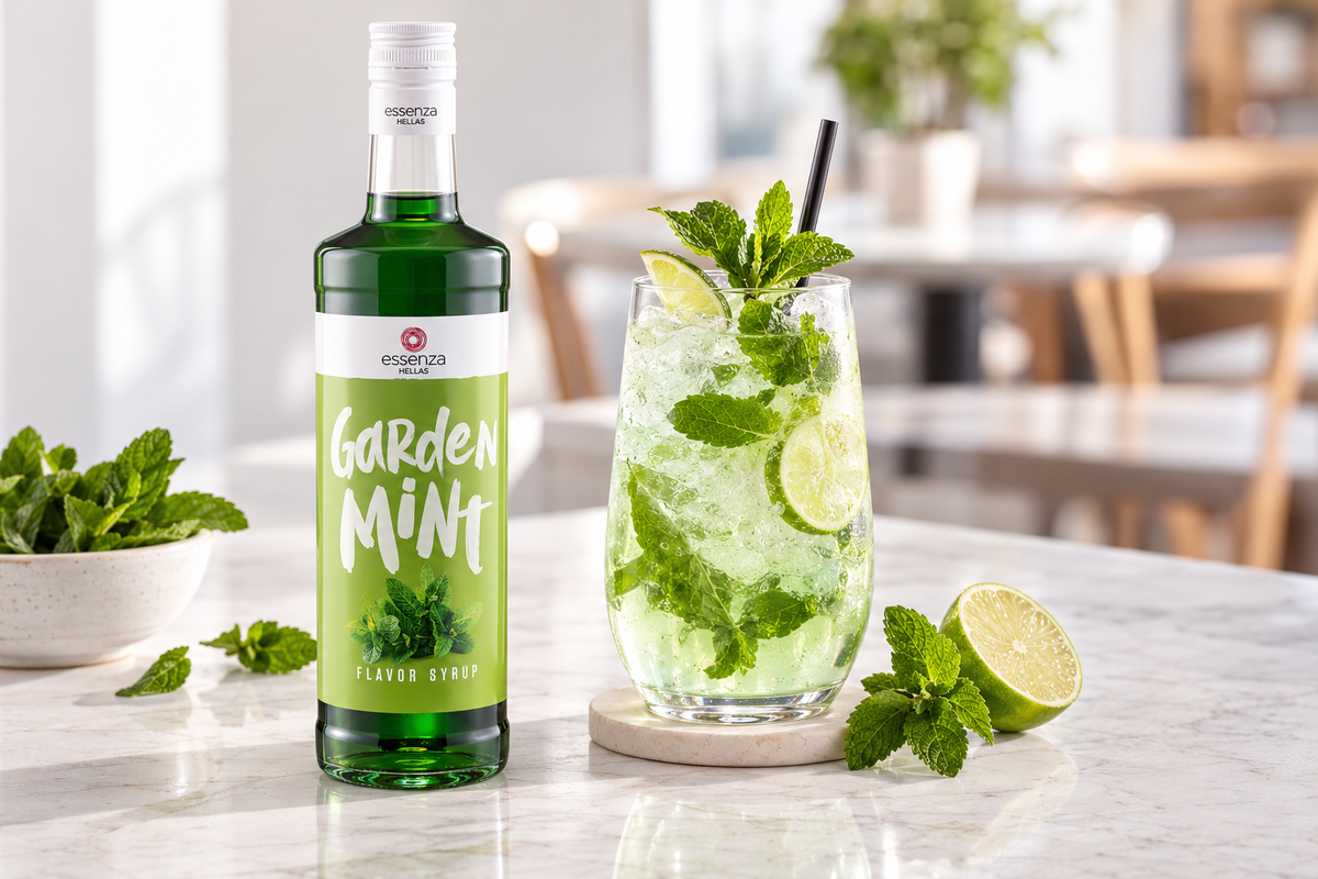 A bottle of Garden Mint Flavor coffee Syrup palm oil free on a marble countertop beside a tall glass of minty drink garnished with lime slices, mint leaves, and a black straw. Buy online Fzin Coffee