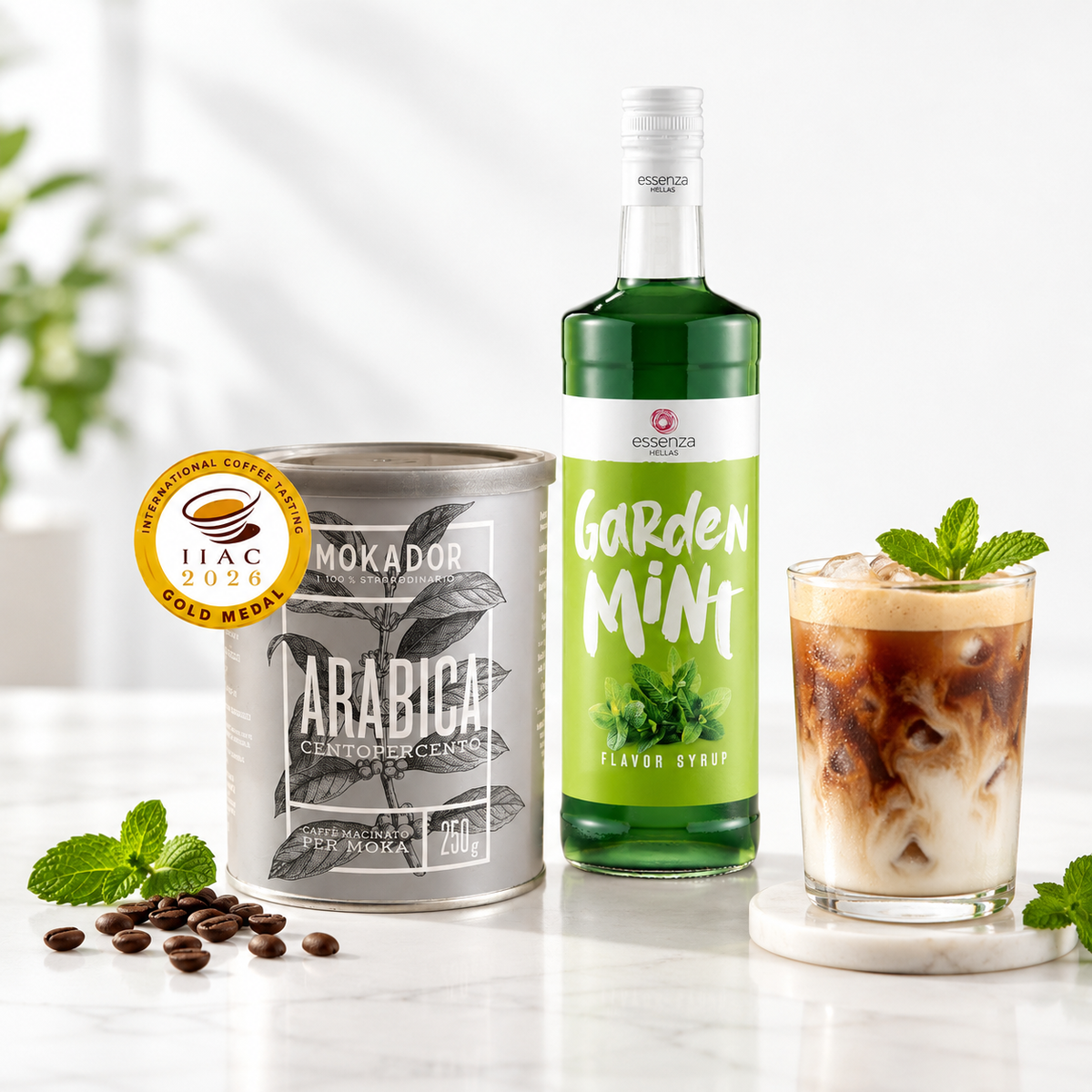 Mint coffee syrup palm oil free in glass bottle beside a 100% Arabica ground coffee standing next to a mint mocha in a warm luxurious café. Buy online Fzin Coffee