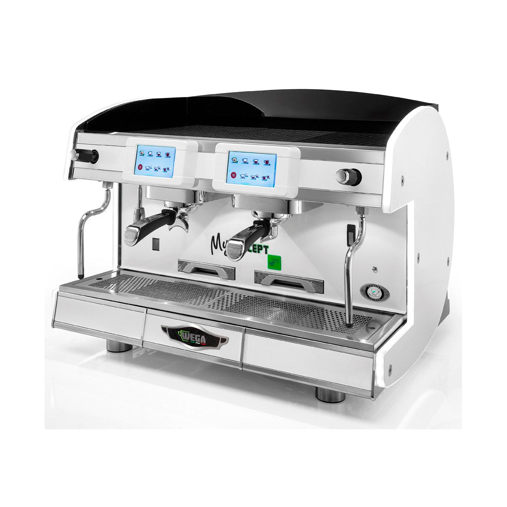 A commercial-grade espresso machine with a white and stainless steel body, dual digital touch screens, and a black top lid, shown on a clean white background. Fzin Coffee