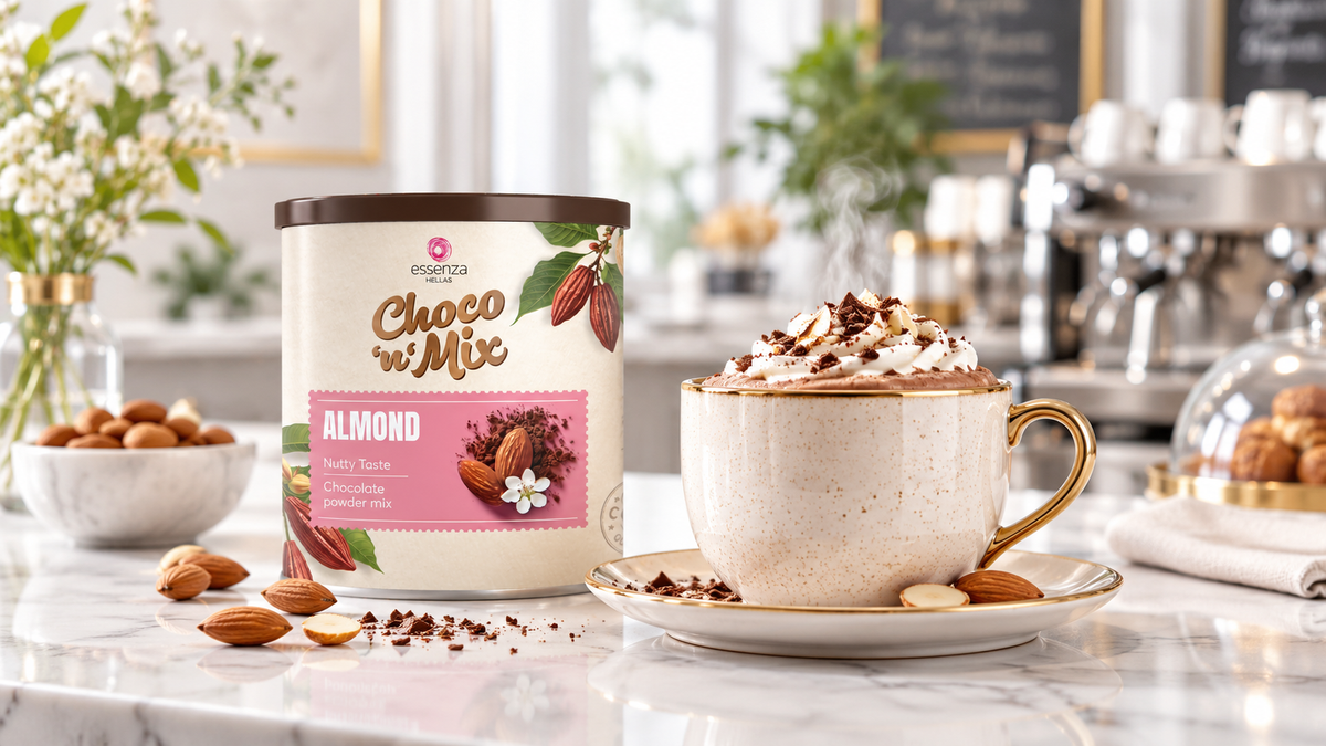 Almond palm oil free hot chocolate with cream and chocolate shavings in a ceramic cup beside the 500g pack in a café. Buy online in Ireland Fzin Coffee