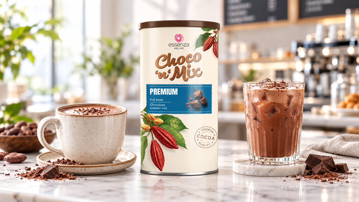 A canister of Premium chocolate mix hot chocolate palm oil free, is displayed on a marble countertop in a cafe setting, flanked by a cup of hot chocolate and an iced chocolate drink.  Buy online in Ireland. Fzin Coffee