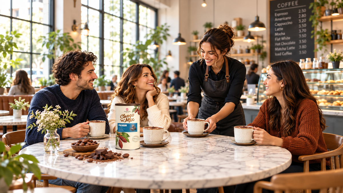 A group of three people and a barista enjoy coffee at a marble table in a bright cafe. A cylinder of Premium hot chocolate palm oil free. Buy online in Ireland. Fzin Coffee