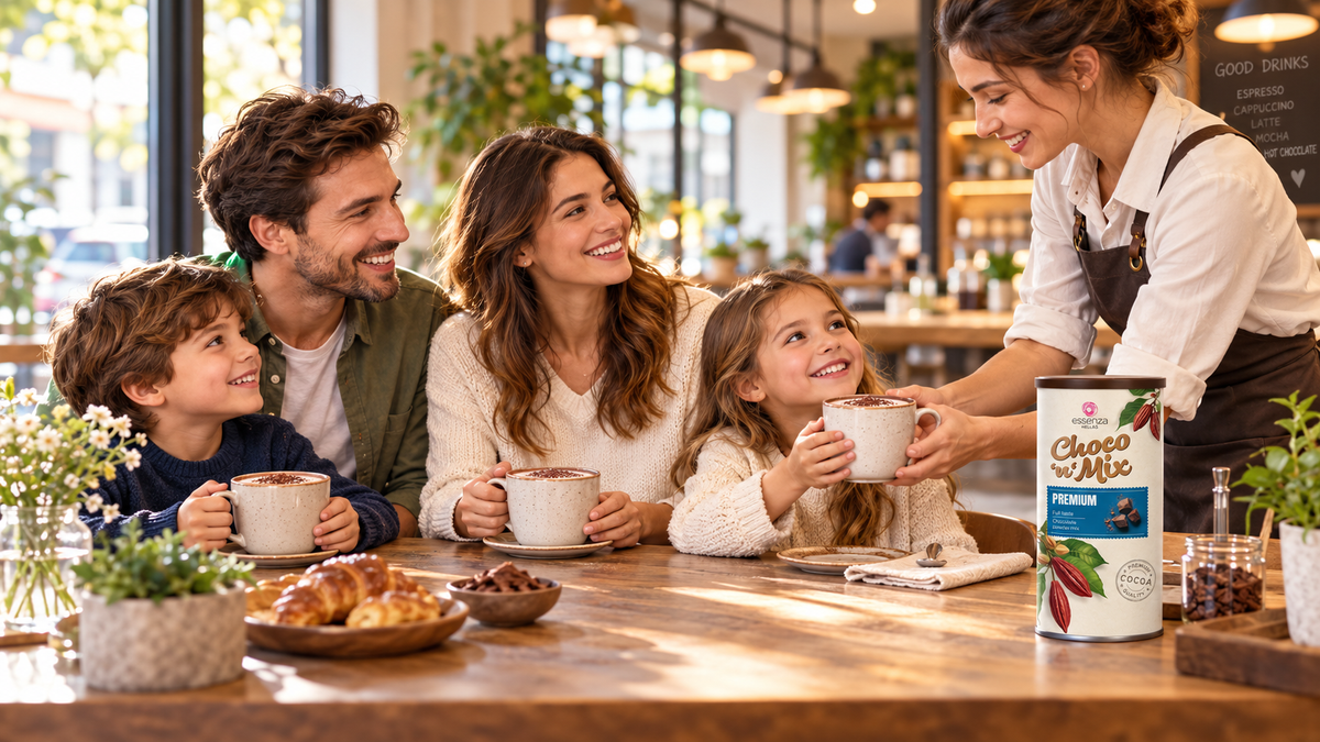 A family of four sits at a wooden table in a bright cafe, smiling and holding mugs while a female barista serves them. On the table next to them is a cylinder of Premium hot chocolate palm oil free. Buy online in Ireland. Fzin Coffee