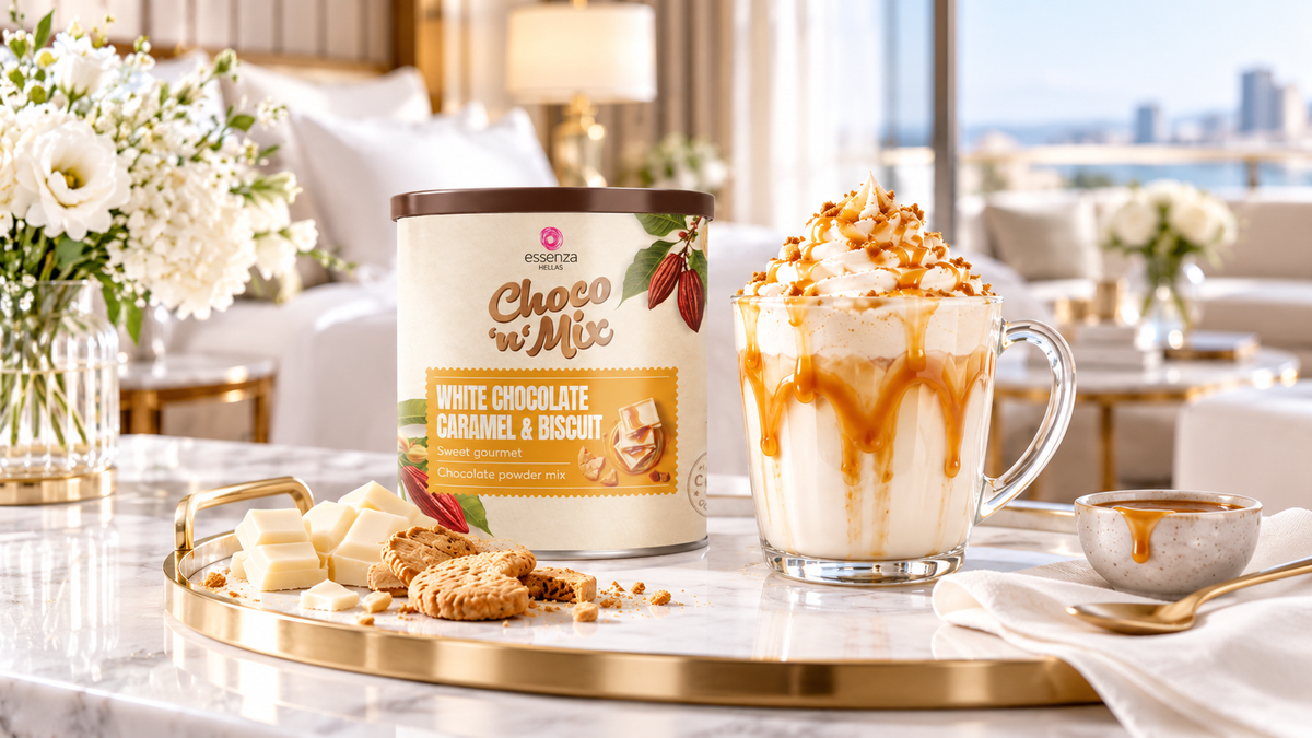 Hot white chocolate caramel and biscuit hot chocolate beside its product pack. Service in 5 star hotel. Buy online in Ireland at Fzin Coffee
