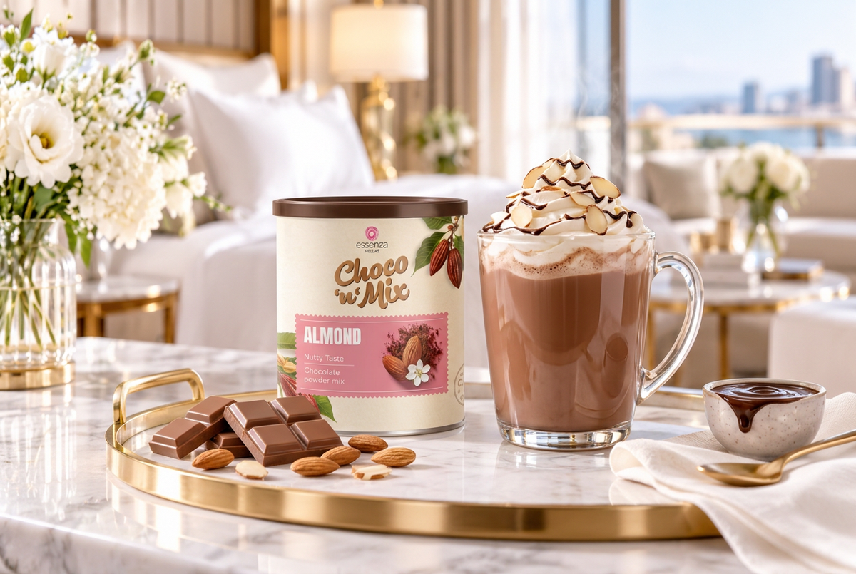 Almond palm oil free hot chocolate with cream, almond slices and chocolate drizzle beside the 500g pack on a hotel tray. Buy online in Ireland Fzin Coffee
