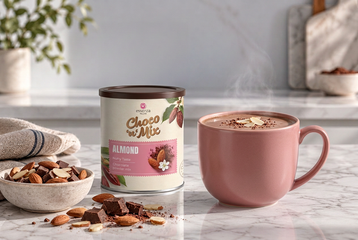 Almond palm oil free hot chocolate in a pink mug beside the 500g pack, almonds and chocolate on marble. Buy online in Ireland Fzin Coffee