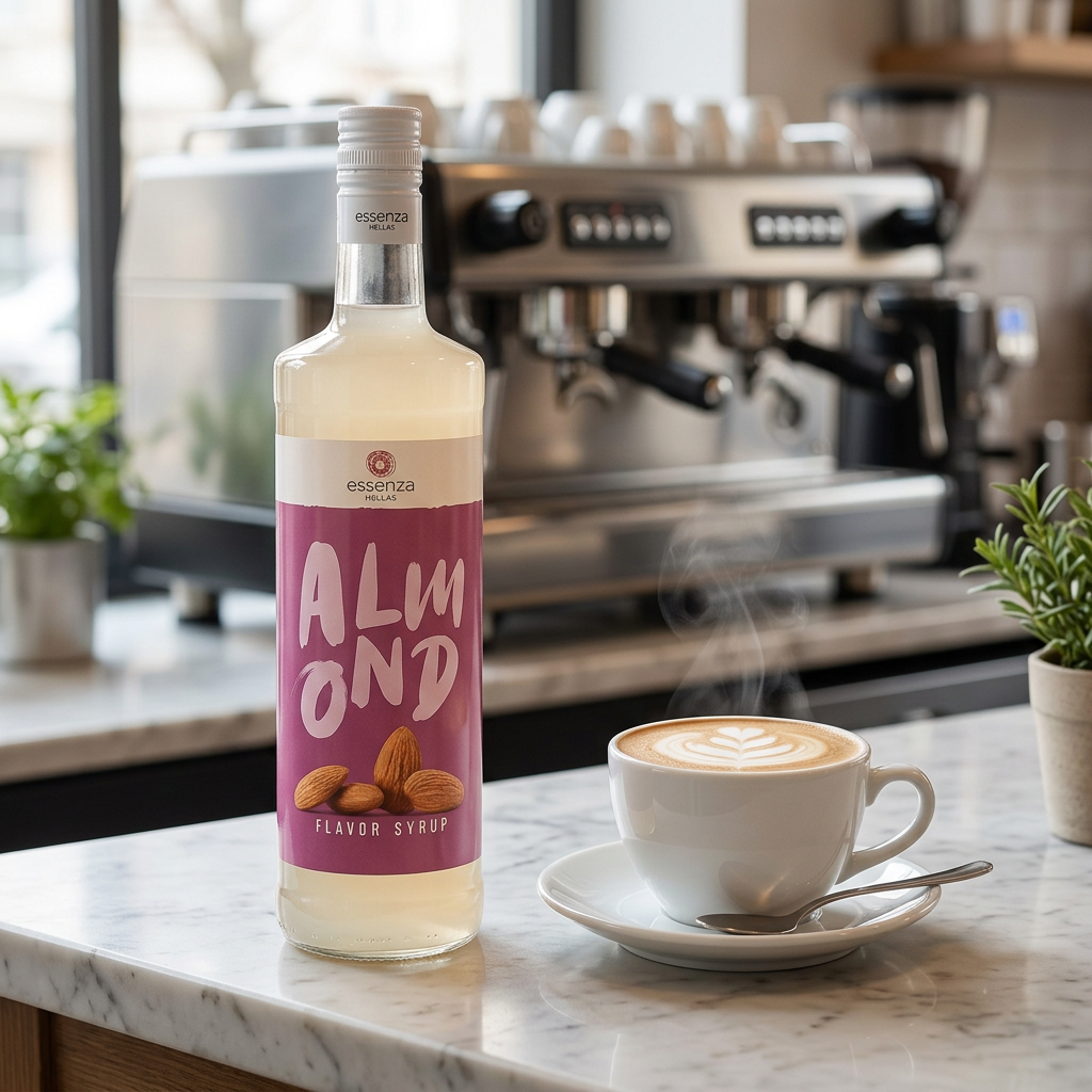 Almond coffee syrup palm oil free beside a hot latte in a café with a softly blurred espresso machine. Buy online in Ireland at Fzin Coffee