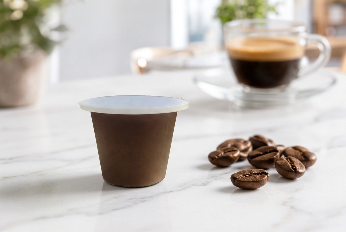 Aromatico pod in sharp focus on white marble with scattered coffee beans and a softly blurred espresso behind