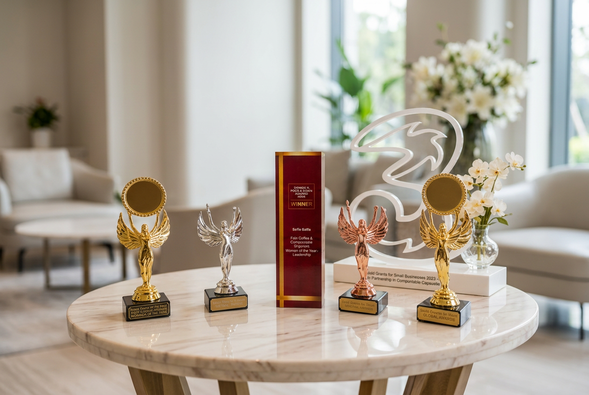 Awards photograph restyled with a bright neutral lounge and warm ivory marble