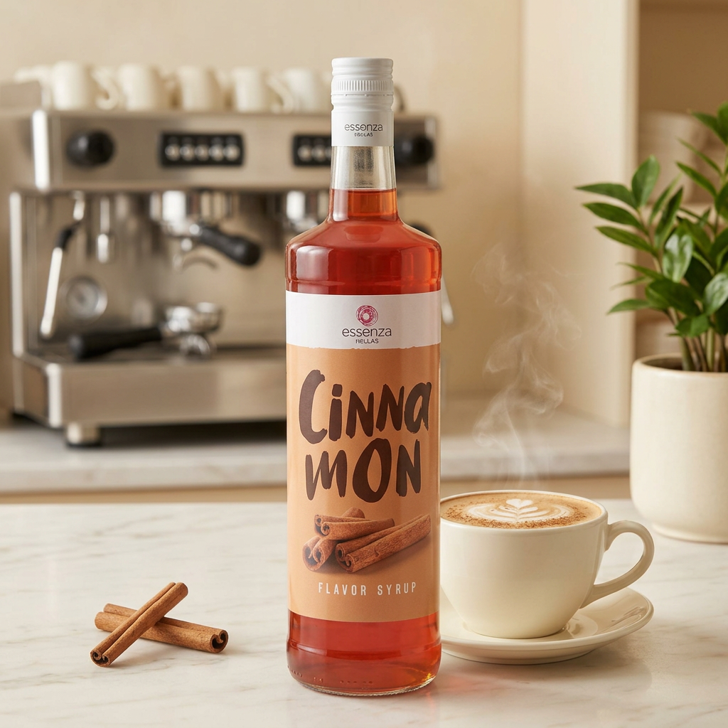 Cinnamon coffee syrup palm oil free in glass bottle beside a hot cinnamon latte in a luxurious café.  Buy online in Ireland at Fzin Coffee