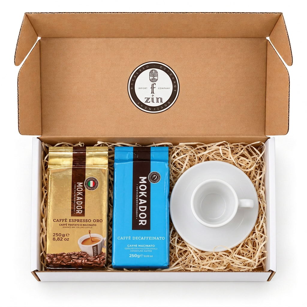 Coffee Gift Set Mini. Oro and Decaf ground coffees with an espresso cup and saucer nestled in natural wood wool gift filler in a Fzin Coffee gift box. Buy online in Ireland at Fzin Coffee.