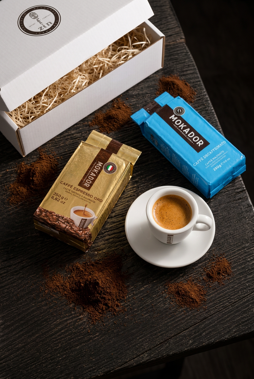 Coffee Gift Set Mini. Oro and Decaf ground coffees with one espresso cup and a white gift box on dark wood with scattered ground coffee. Buy online in Ireland at Fzin Coffee.