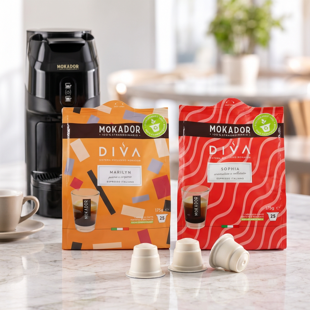 Diva coffee pods as the hero, with separate Marilyn and Sophia pouches and the black machine in the background