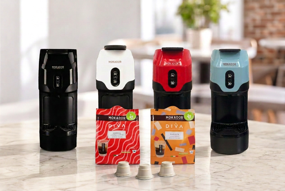 Diva machines and coffee pods with a subtly warmer ivory marble counter