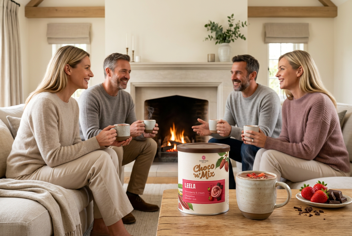 Friends enjoying strawberry hot chocolate in mugs beside a fireplace A Strawberry and Cream hot chocolate, palm oil drink mix stands on surface next to a mug filled with chocolate milk. Buy online in Ireland at Fzin Coffee