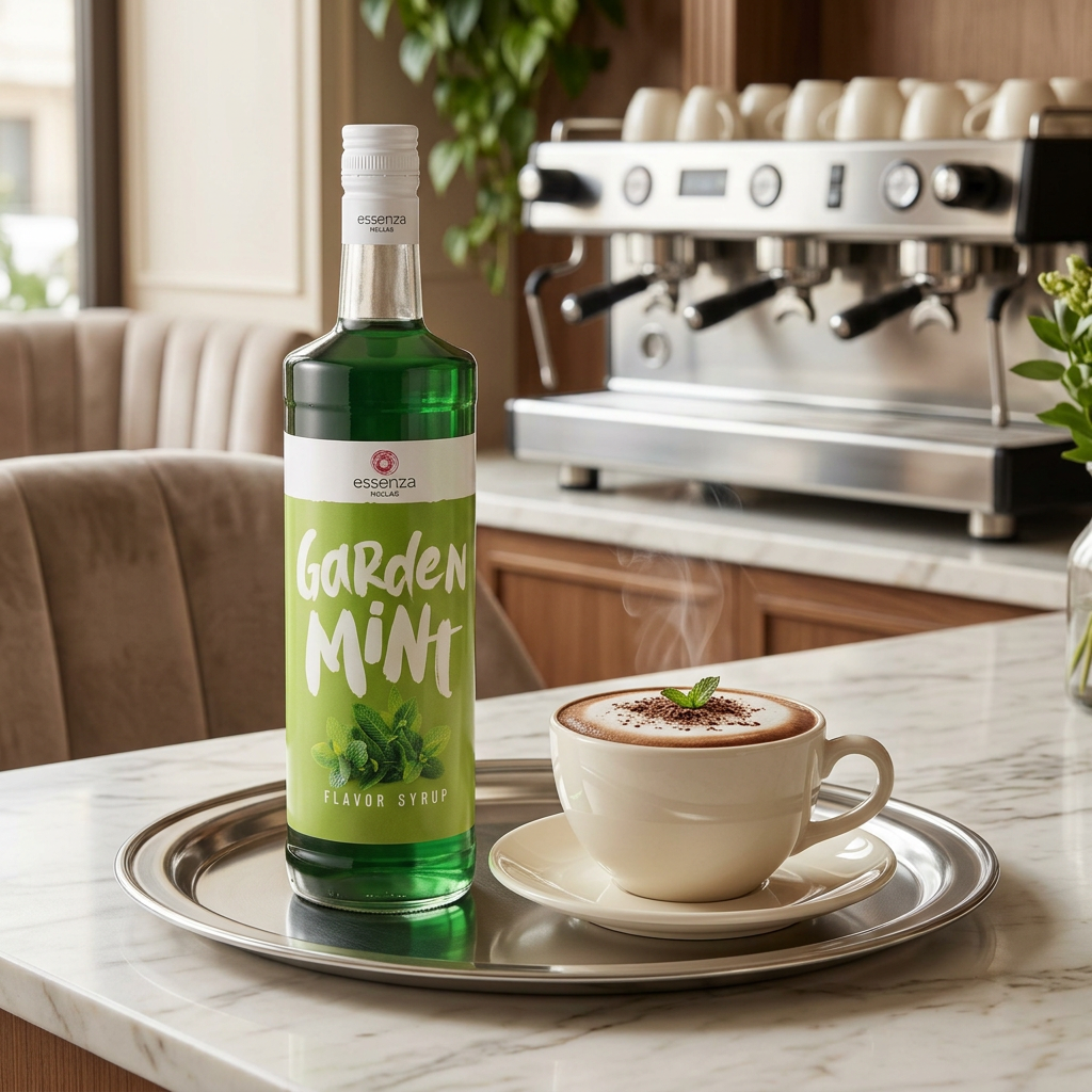 Mint coffee syrup palm oil free in glass bottle beside a steaming mint mocha in a warm luxurious café. Buy online Fzin Coffee