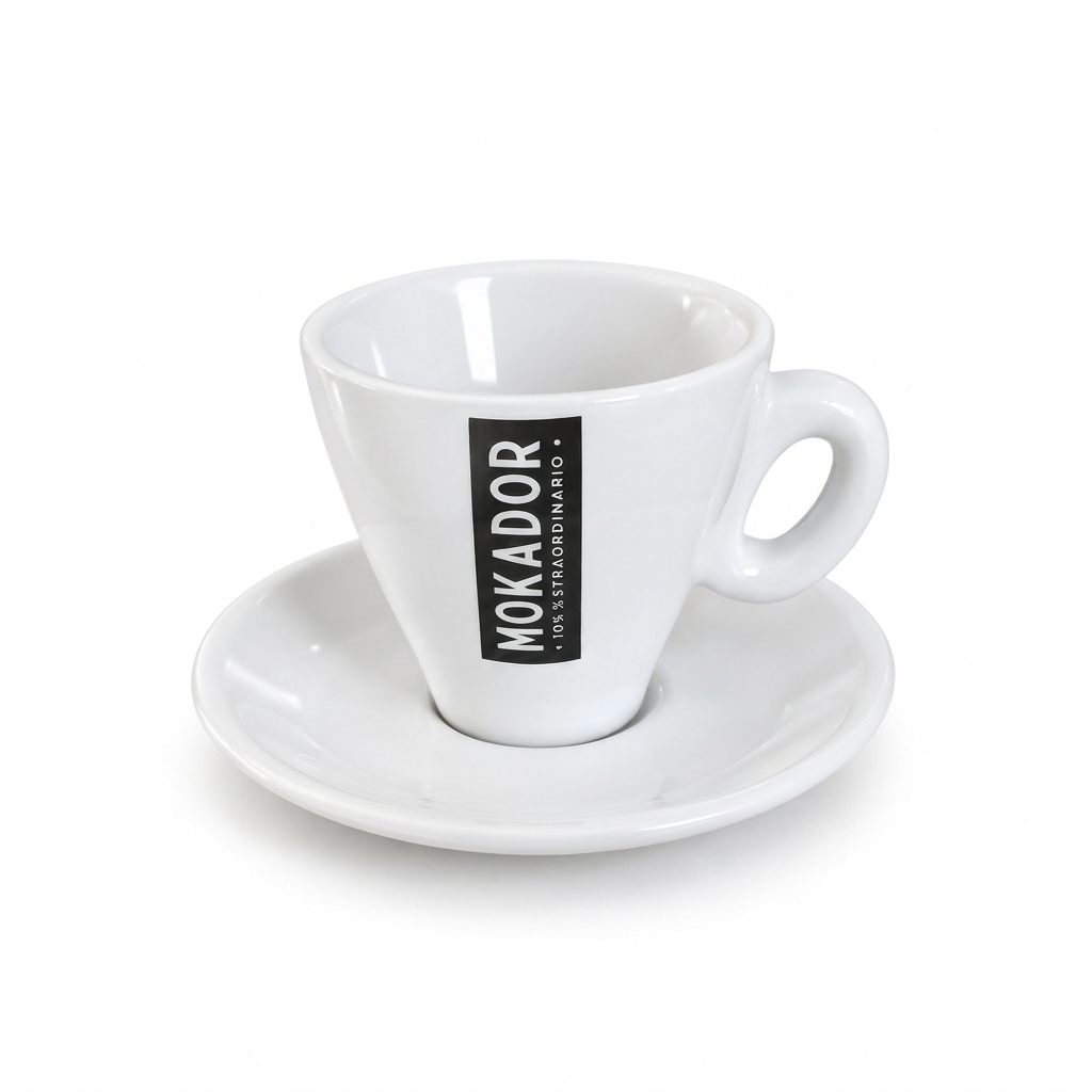 Mokador Espresso Cup and Saucer. One white Mokador espresso cup with a matching saucer. Buy online in Ireland at Fzin Coffee.