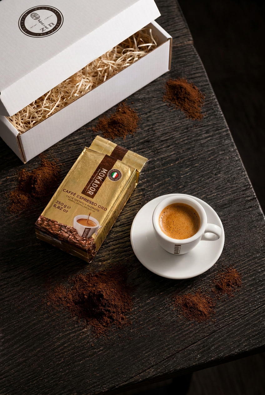 Oro Ground Coffee and Espresso Cup. Mokador Oro with one white espresso cup and saucer beside a white gift box on dark wood. Buy online in Ireland at Fzin Coffee.