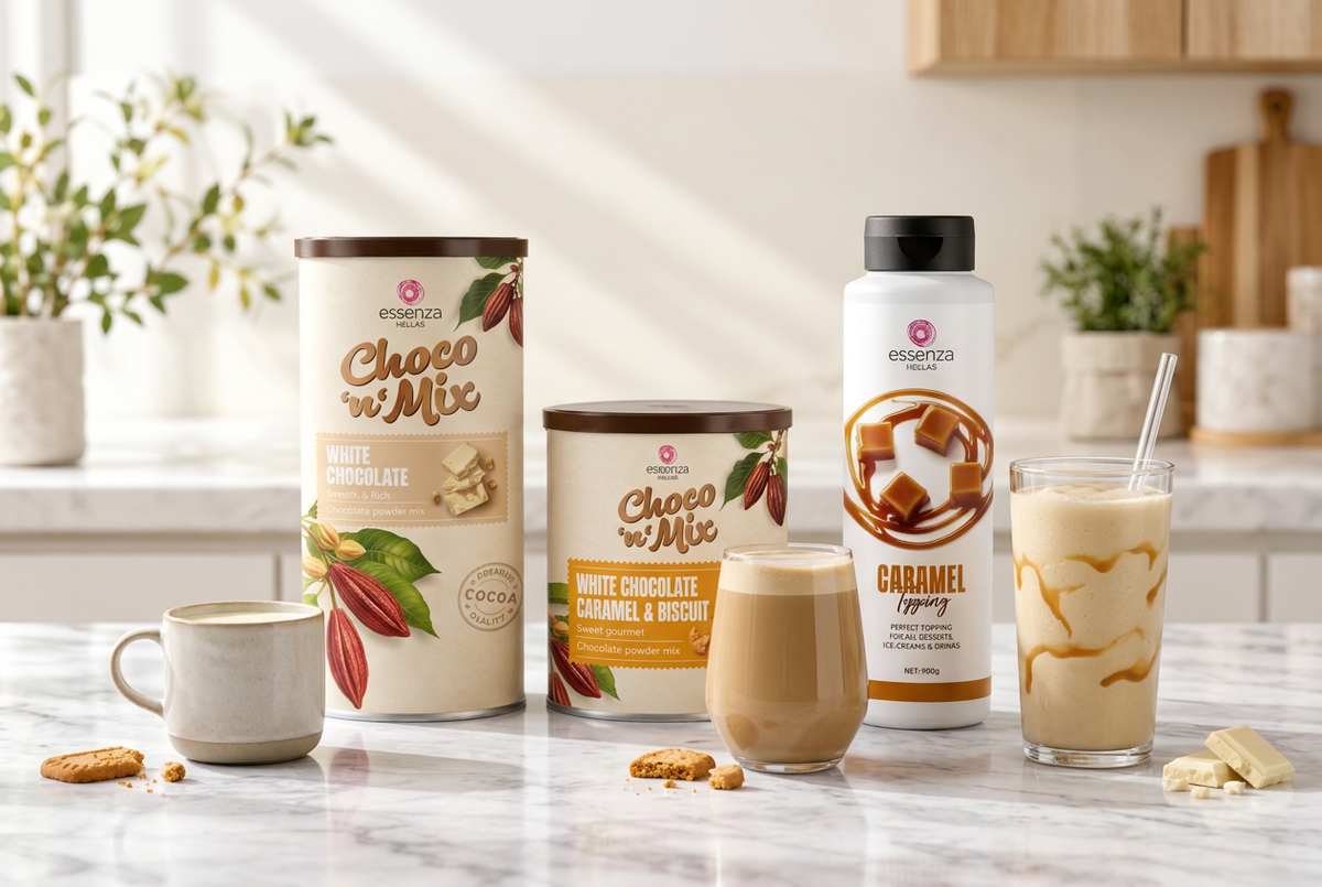 Rebuilt blog cover with both white chocolate packs, the full caramel topping bottle and three drinks Hot white chocolate caramel and biscuit hot chocolate beside its product packs. Buy online in Ireland at Fzin Coffee