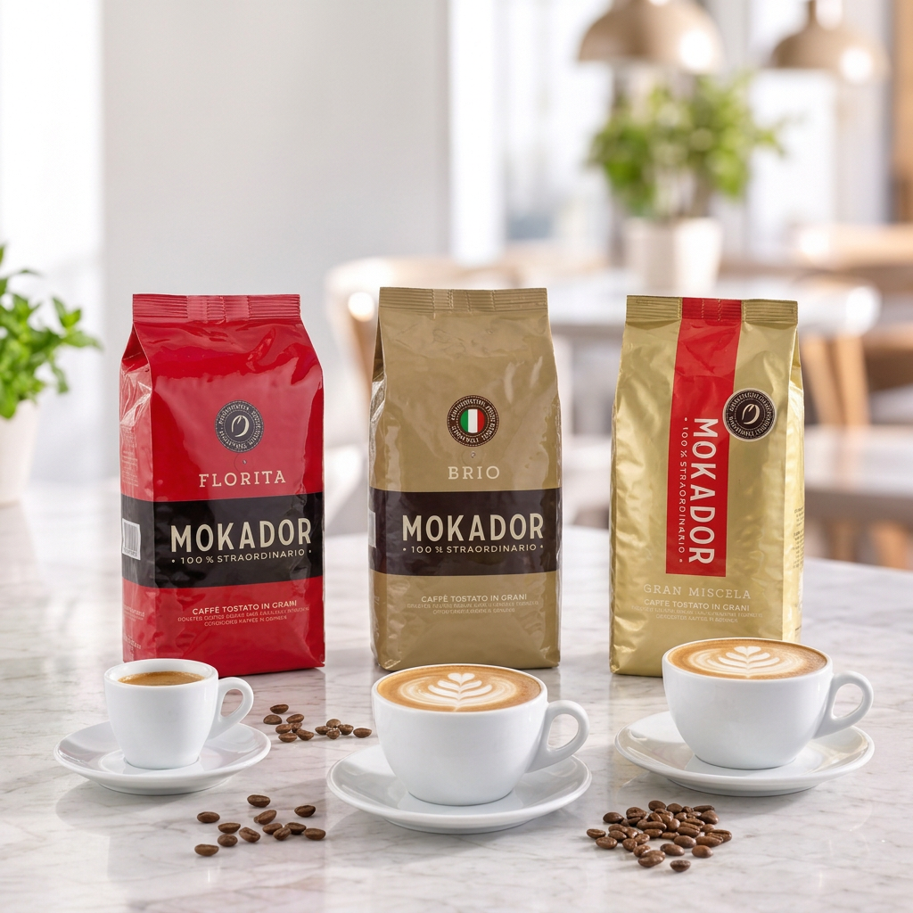 Square coffee image with Florita, Brio and Gran Miscela packs, finished coffees and loose beans scattered on white marble