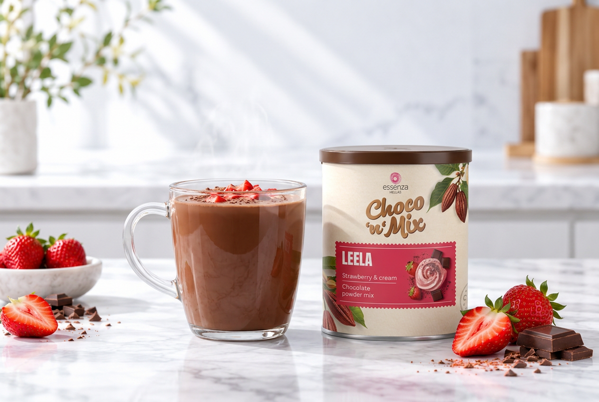 Strawberry hot chocolate recipe blog cover with Leela packaging and a glass of hot chocolate